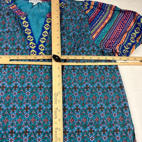Current Air Floral Tribal Print Shirt Puff Short Sleeve Boho Vibrant Top MEDIUM - Picture 8 of 11